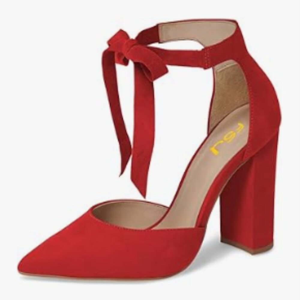 FSJ Bold Red Block Heels with Bow